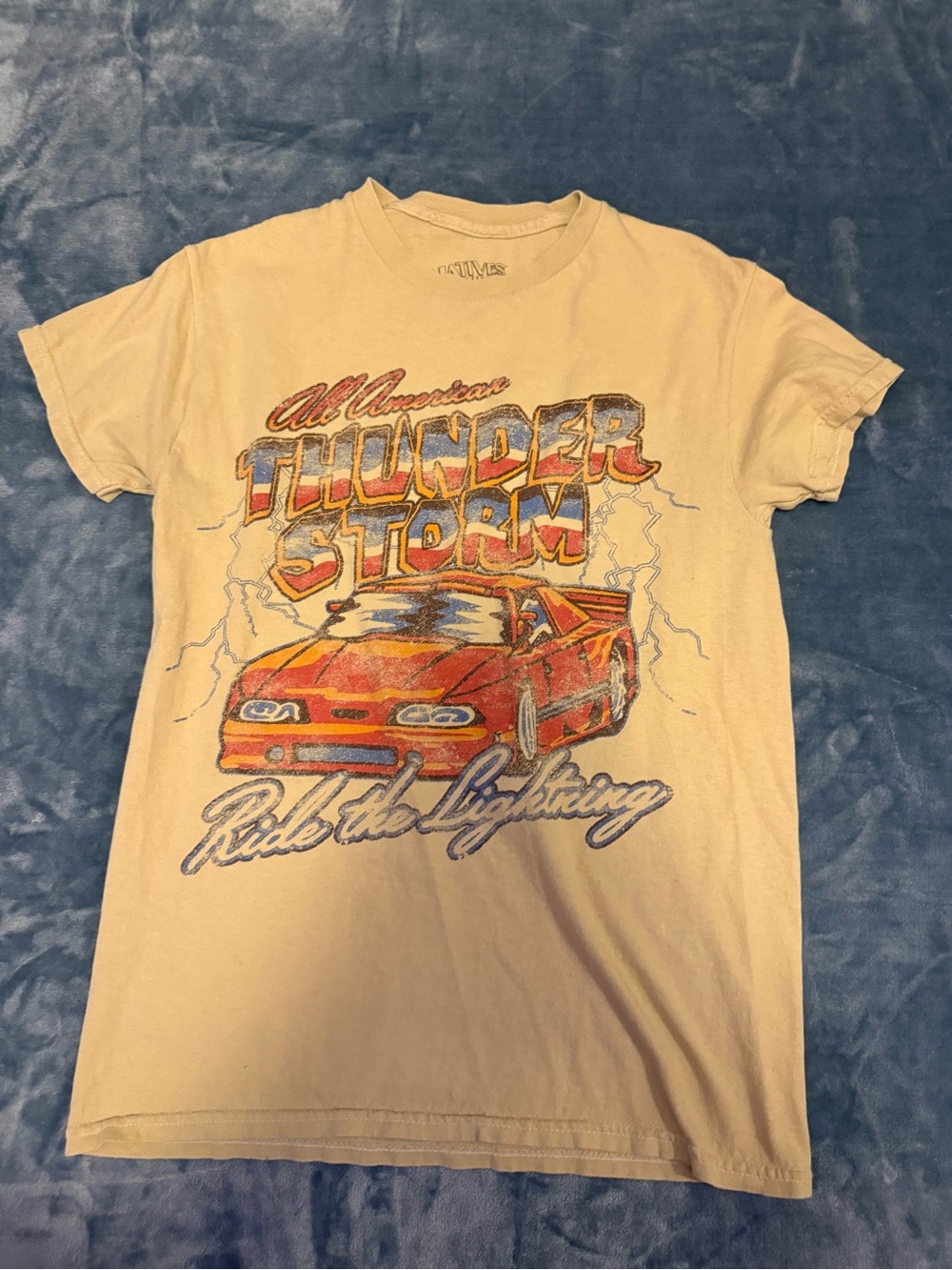 Vintage Thunder Storm Graphic Tee - Cream with Red Car